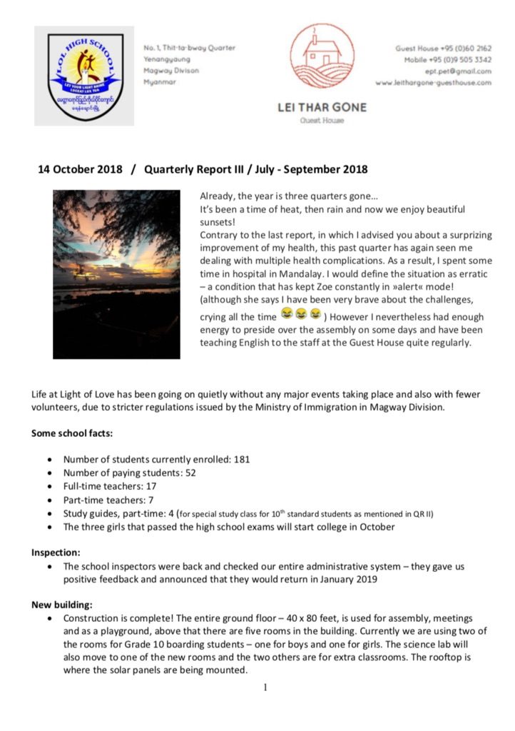 Quartalsbericht III / 2018 Projekt Yenangyaung