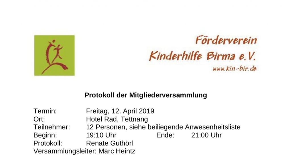 Mitgliederversammlung 2019 - Förderverein Kinderhilfe Birma e.V.